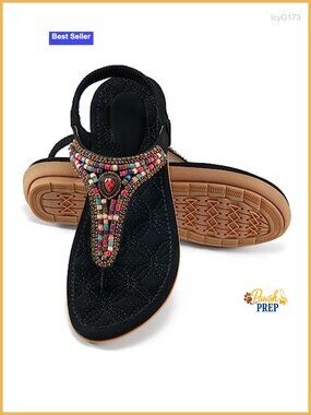 Boho Beaded Flat Sandals Ankle Strap Cushioned Insole Non-slip Rubber Sole